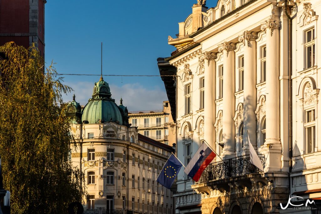 View of the buildings on Prešeren Plaz’ in the centre of Ljubljana, capital of Slovenia, on 15 October 2025